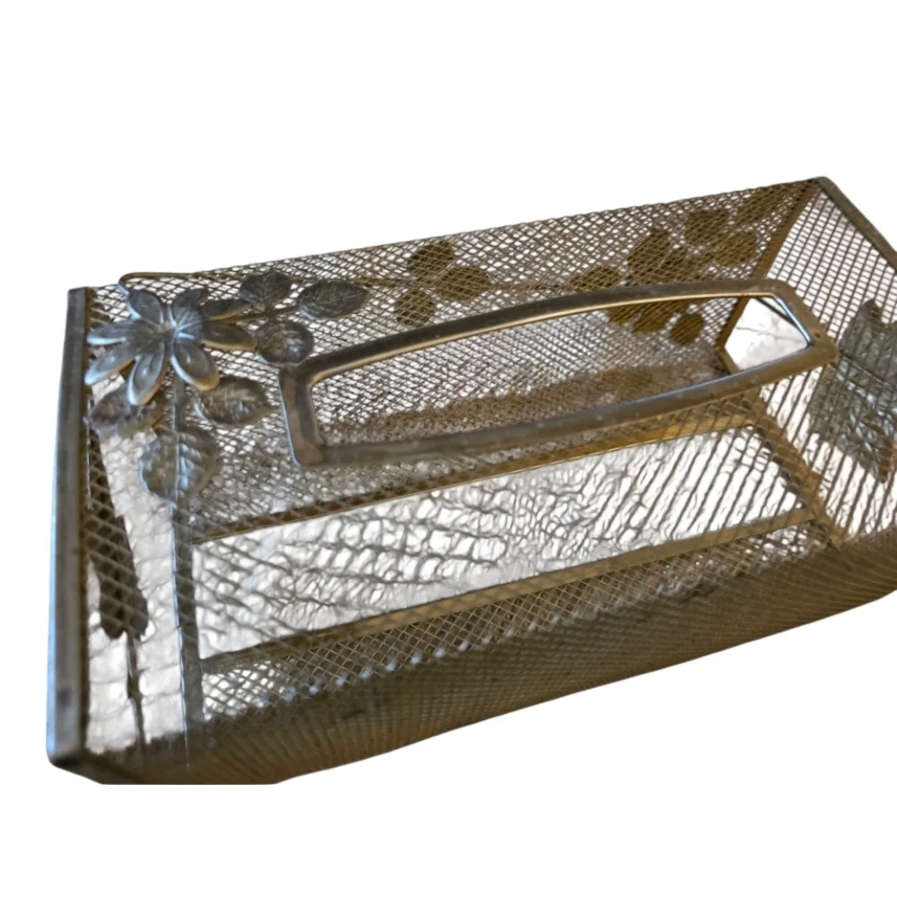 Gold Mesh Bathroom Tissue Box Floral Hollywood Regency Retro Vintage Oblong